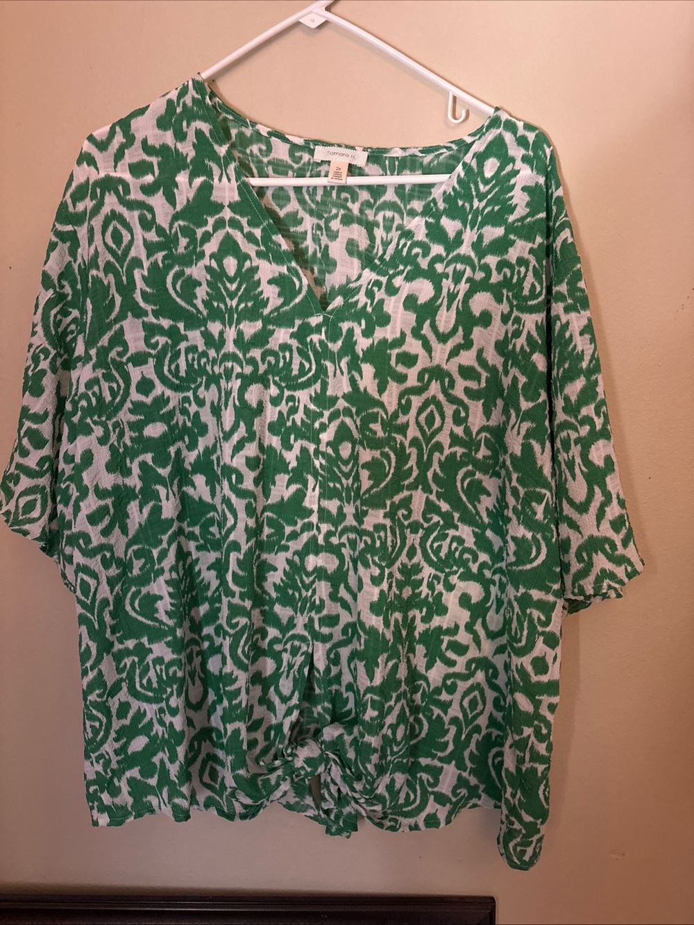 Green Printed V-Neck Tunic Top with Front Knot